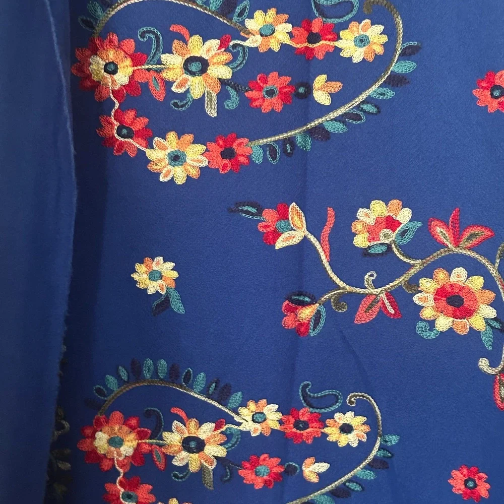 Jessica McClintock Otomi Embroidery Scarf Blue Fabric with Floral Paisley Design